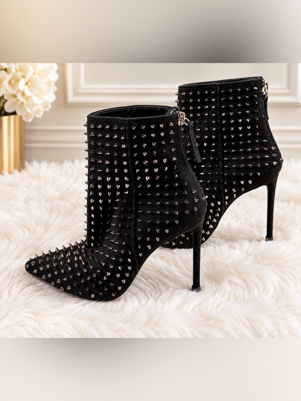 6M Steve Madden Via-S/ Virtuous-S Black Spiked Studded Pointed Stiletto Booties